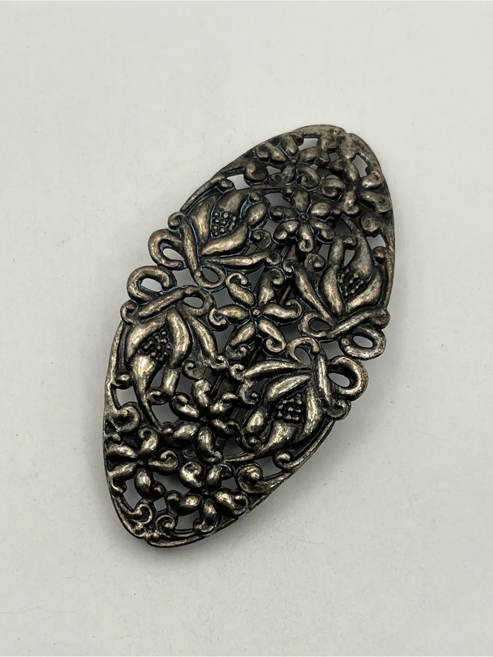 Art Nouveau style silver tone flower filigree oval hair clip barrette